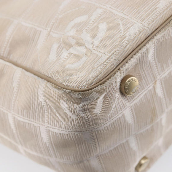 CHANEL New Travel Line Tote Bag Canvas Beige Gold Tone CC Auth gh2368