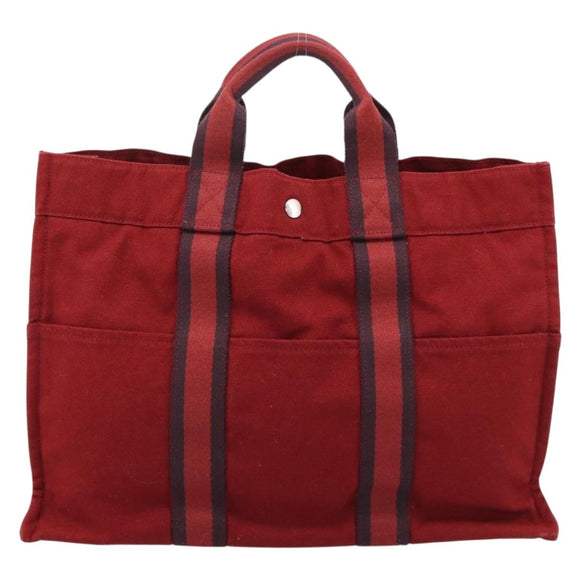 HERMES Fourre Tout MM Hand Bag Canvas Red Silver Auth gh2382