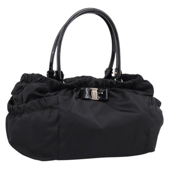 Salvatore Ferragamo Vala Tote Bag Nylon Black Gold Tone Auth gh2398A