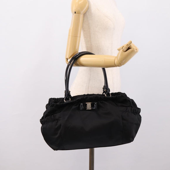 Salvatore Ferragamo Vala Tote Bag Nylon Black Gold Tone Auth gh2398A