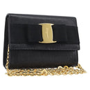 Salvatore Ferragamo Vala Chain Shoulder Bag Leather Black Gold Tone Auth gh2409-1