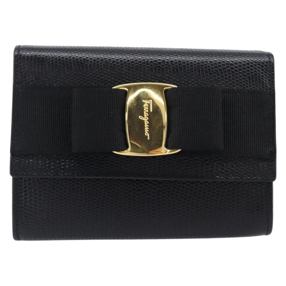 Salvatore Ferragamo Vala Chain Shoulder Bag Leather Black Gold Tone Auth gh2409