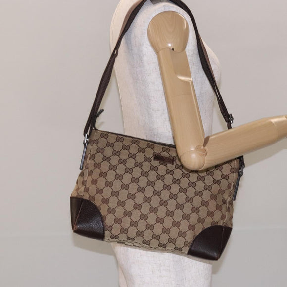 GUCCI GG Canvas Shoulder Bag Beige Silver 114273 Auth gh243