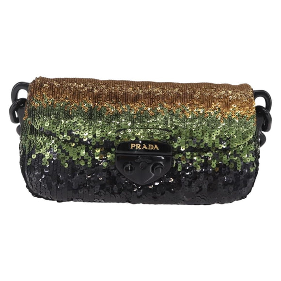 PRADA Chain Shoulder Bag Satin Sequins Yellow Black Auth gh2435V