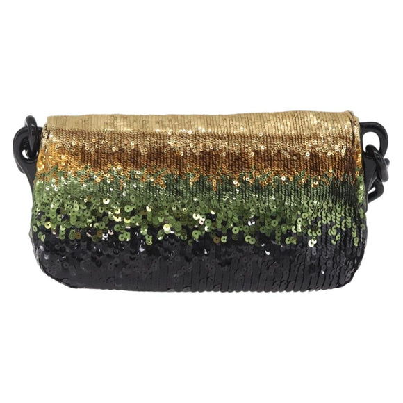 PRADA Chain Shoulder Bag Satin Sequins Yellow Black Auth gh2435V