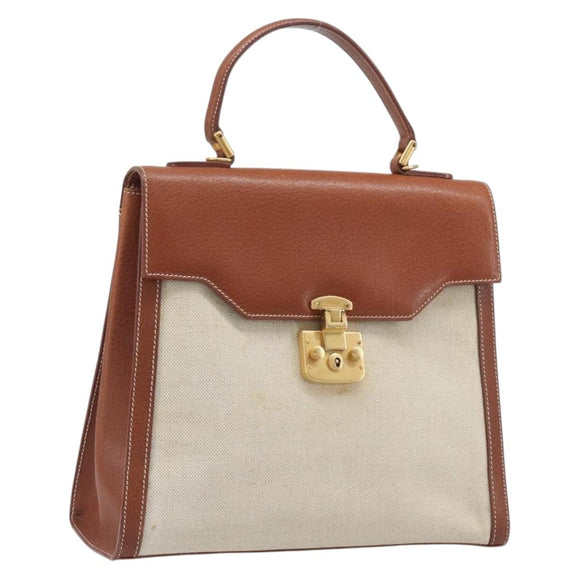 GUCCI Hand Bag Leather Canvas Beige Gold 000 256 0192 Auth gh2466