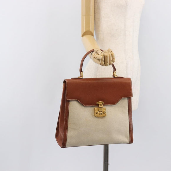 GUCCI Hand Bag Leather Canvas Beige Gold 000 256 0192 Auth gh2466