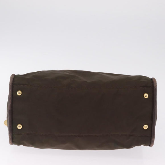 CELINE Hand Bag Nylon Brown Gold Auth gh2468