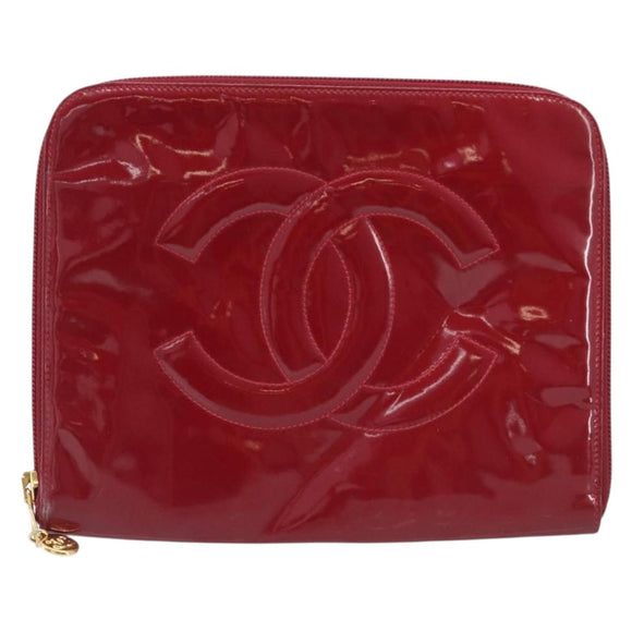 CHANEL Clutch Bag Patent leather Red Gold CC Auth gh2475