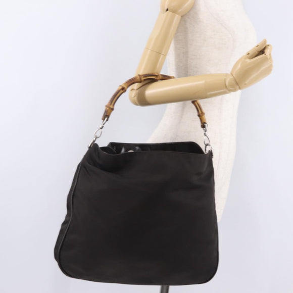 GUCCI Bamboo Hand Bag Nylon Dark Brown Silver 001 2058 1577 Auth gh2481