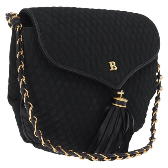 Bally Chain Shoulder Bag Canvas Black Gold Auth gh2482
