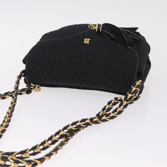 Bally Chain Shoulder Bag Canvas Black Gold Auth gh2482