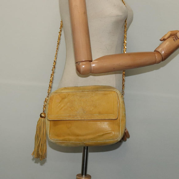 CHANEL Chain Shoulder Bag Lamb Skin Yellow Gold CC Auth gh258