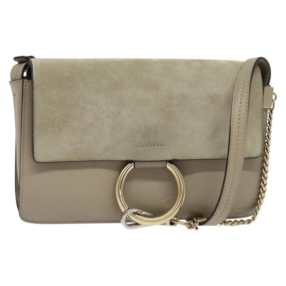 Chloe Fay Shoulder Bag Suede Leather Gold Beige Auth gh270
