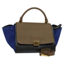 CELINE Trapeze Hand Bag Leather 2way Beige Gold blue Auth gh271-1