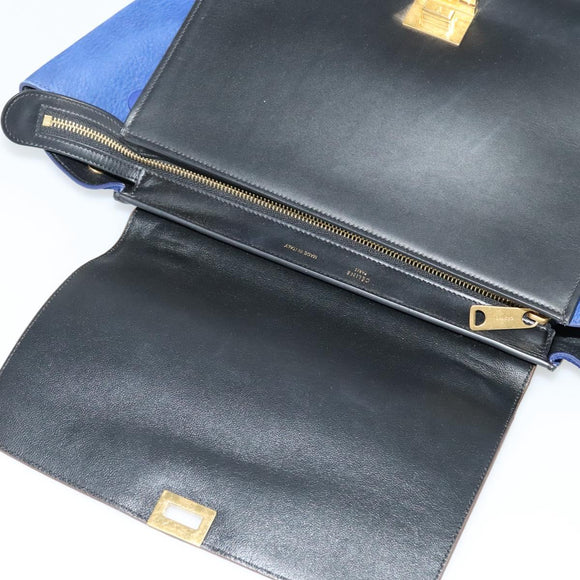 CELINE Trapeze Hand Bag Leather 2way Beige Gold blue Auth gh271