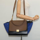 CELINE Trapeze Hand Bag Leather 2way Beige Gold blue Auth gh271-25