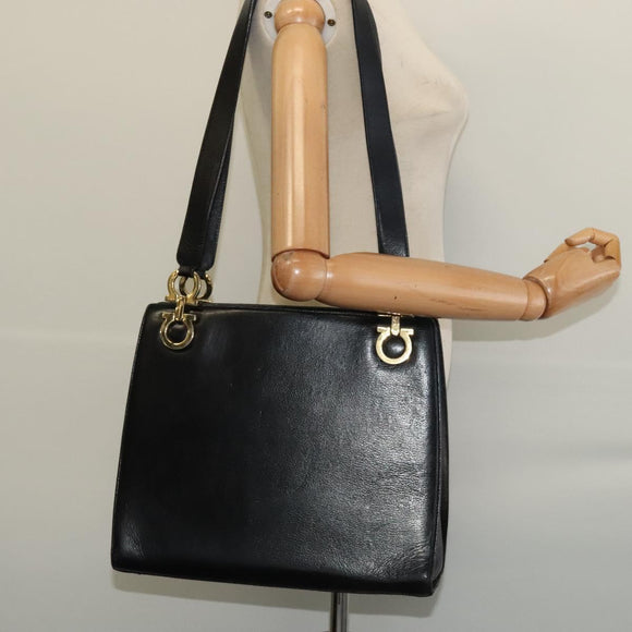 Salvatore Ferragamo Gancini Shoulder Bag Leather Black Gold Auth gh274