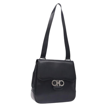 Salvatore Ferragamo Gancini Shoulder Bag Leather Black Silver Auth gh280