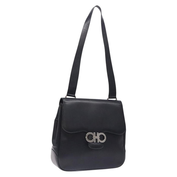 Salvatore Ferragamo Gancini Shoulder Bag Leather Black Silver Auth gh280