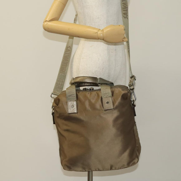 Salvatore Ferragamo Tote Bag Nylon 2way Beige Silver Auth gh287