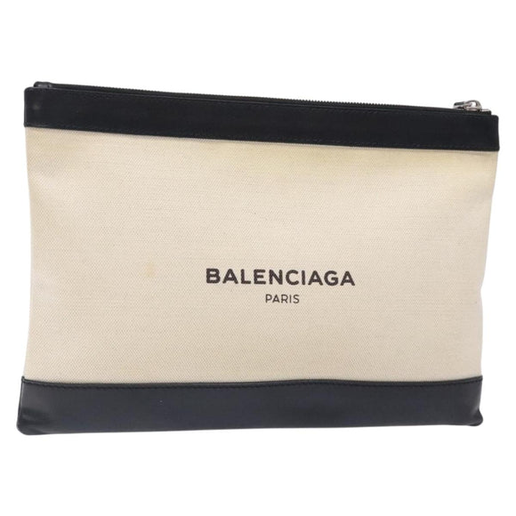 BALENCIAGA Clutch Bag Canvas Leather White black 373834 Auth gh296