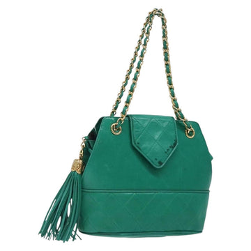 CHANEL Chain Hand Bag Lamb Skin Green Gold CC Auth gh309
