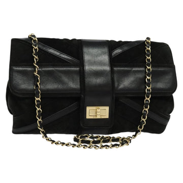 CHANEL Chain Shoulder Bag Suede Leather Black Gold CC Auth gh310