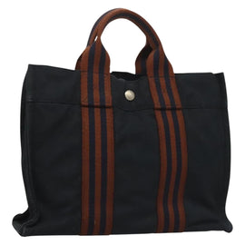HERMES Fourre Tout PM Hand Bag Canvas Brown Navy Auth gh344