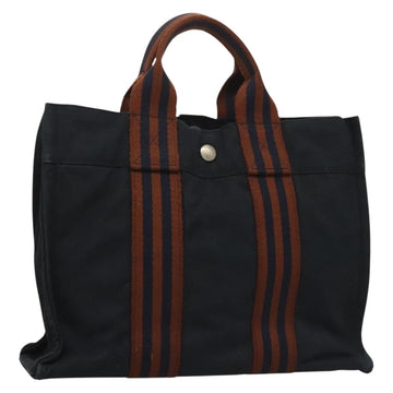 HERMES Fourre Tout PM Hand Bag Canvas Brown Navy Auth gh344