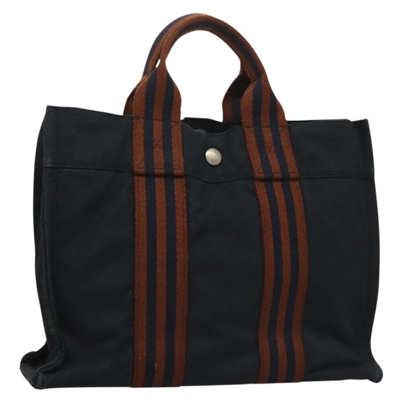 HERMES Fourre Tout PM Hand Bag Canvas Brown Navy Auth gh344