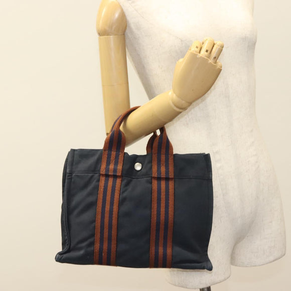 HERMES Fourre Tout PM Hand Bag Canvas Brown Navy Auth gh344