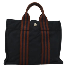 HERMES Fourre Tout PM Hand Bag Canvas Brown Navy Auth gh344 - 0