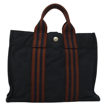 HERMES Fourre Tout PM Hand Bag Canvas Brown Navy Auth gh344 - 0
