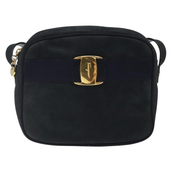 Salvatore Ferragamo Vala Shoulder Bag Suede Navy Gold Auth gh351