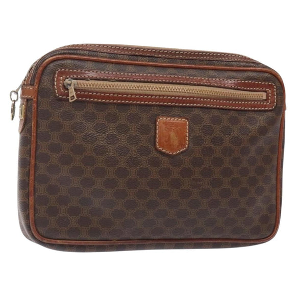 CELINE Macadam Canvas Clutch Bag PVC Leder Braun Gold Auth gh359