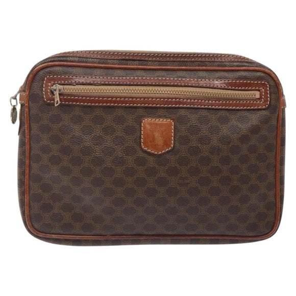 CELINE Macadam Canvas Clutch Bag PVC Leather Brown Gold Auth gh359