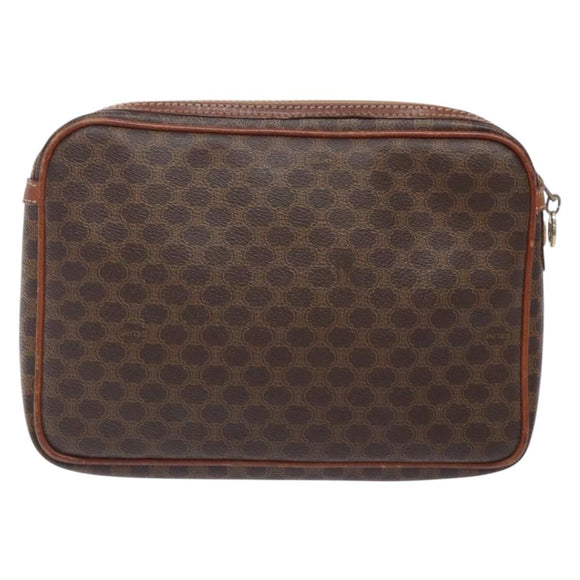 CELINE Macadam Canvas Clutch Bag PVC Leather Brown Gold Auth gh359