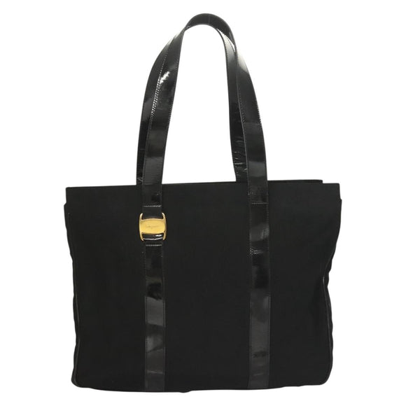 Salvatore Ferragamo Vala Tote Bag Nylon Black Gold Auth gh381