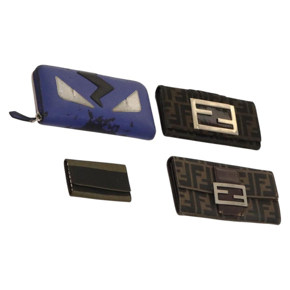 FENDI Zucca Canvas Wallet Leather 4Set Blue Brown black Auth gh433