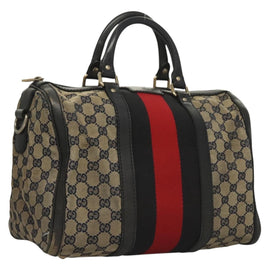 GUCCI GG Canvas Sherry Line Boston Bag Navy Red 247205 Auth gh440