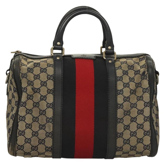 GUCCI GG Canvas Sherry Line Boston Bag Navy Red 247205 Auth gh440