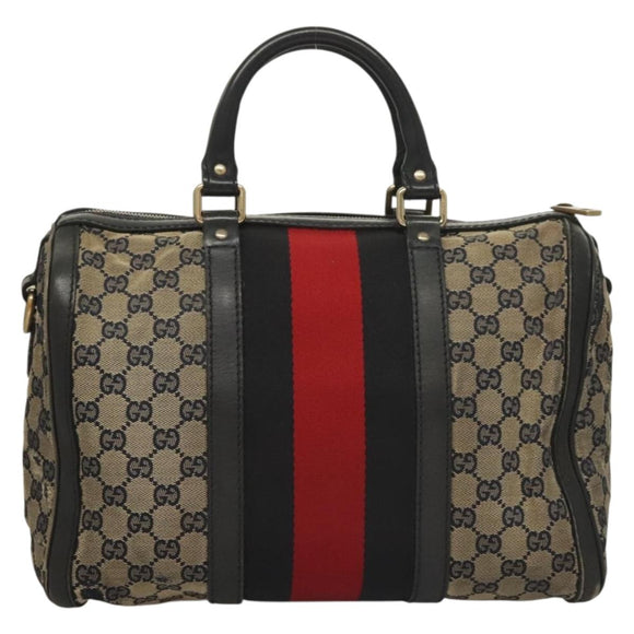 GUCCI GG Canvas Sherry Line Boston Bag Navy Red 247205 Auth gh440