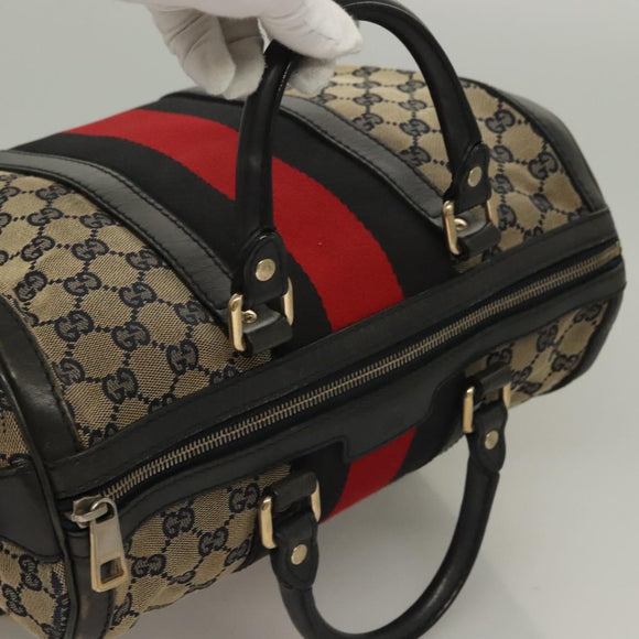 GUCCI GG Canvas Sherry Line Boston Bag Navy Red 247205 Auth gh440