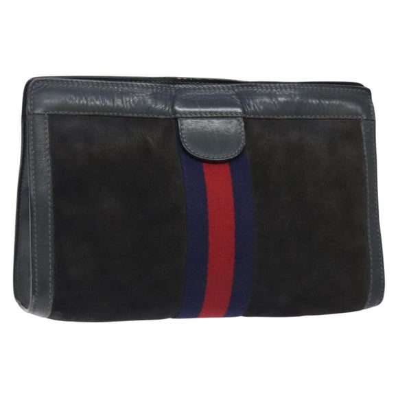 GUCCI Sherry Line Clutch Bag Suede Navy Red Auth gh444