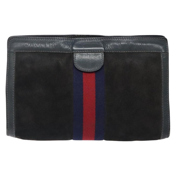 GUCCI Sherry Line Clutch Bag Suede Navy Red Auth gh444