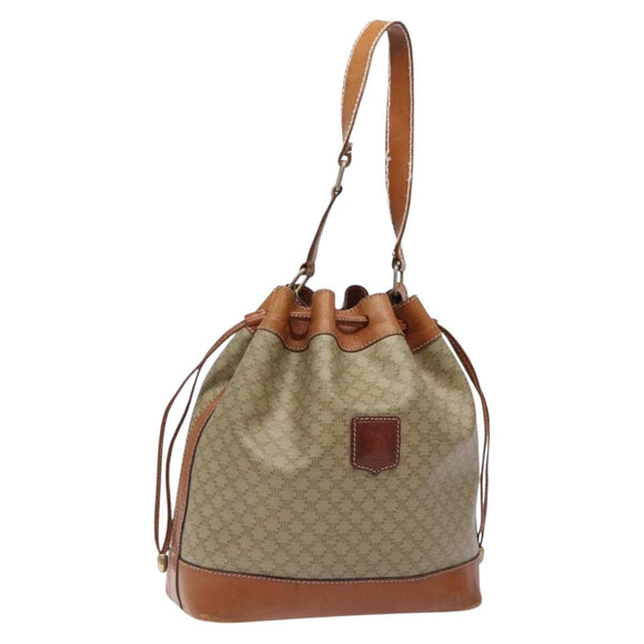 CELINE Macadam Canvas Shoulder Bag Beige Gold Auth gh481