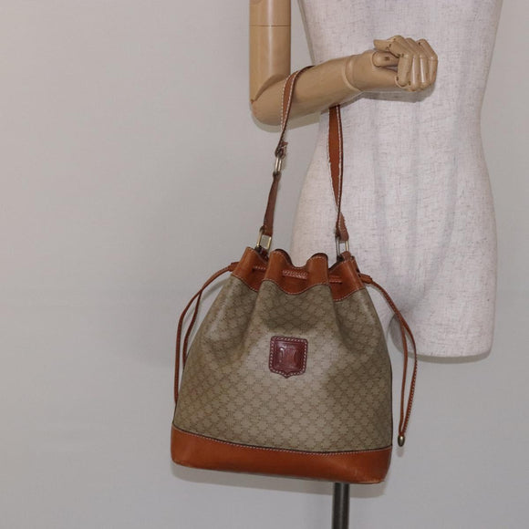 CELINE Macadam Canvas Shoulder Bag Beige Gold Auth gh481