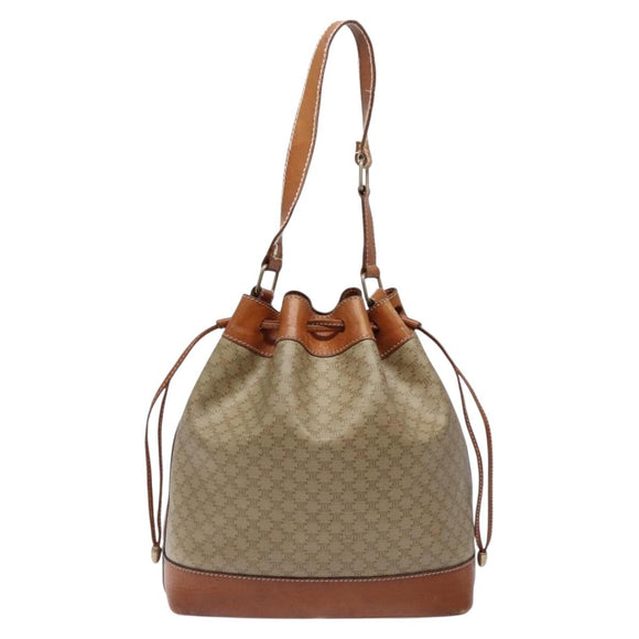 CELINE Macadam Canvas Shoulder Bag Beige Gold Auth gh481