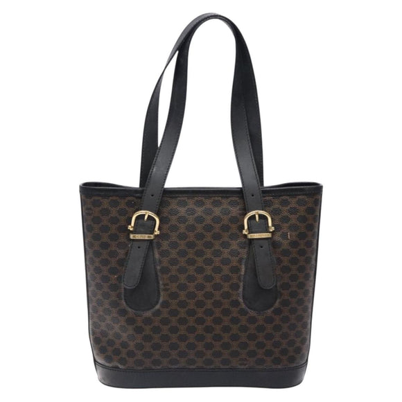 CELINE Macadam Canvas Tote Bag PVC Leather Black Gold Auth gh486